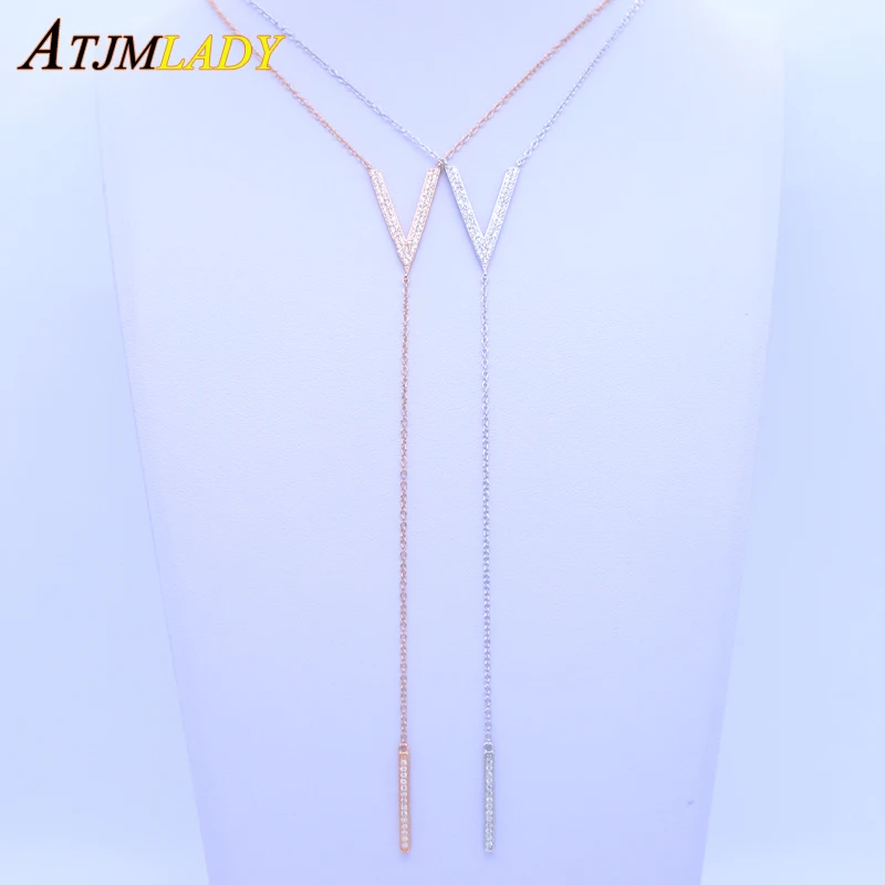 Collares высокое качество розовый цвет микс 925 пробы микро Pave Cz Bling V бар Шарм Лариат длинное женское изысканное ожерелье