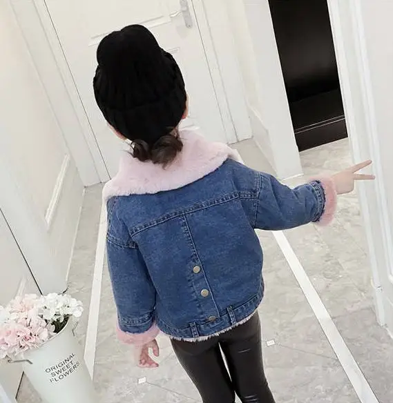 Autumn Winter Children Girls Plus Velvet Jeans Jackets Kids Girls Thick Warm Faux Rabbit Fur Denim Coats Baby Clothing W140