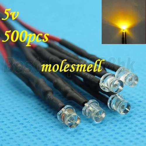 Free shipping 500pcs 3mm 5v Flat Top Yellow LED Lamp Light Set Pre-Wired 3mm 5V DC Wired 3mm big/wide angle yellow 5v led