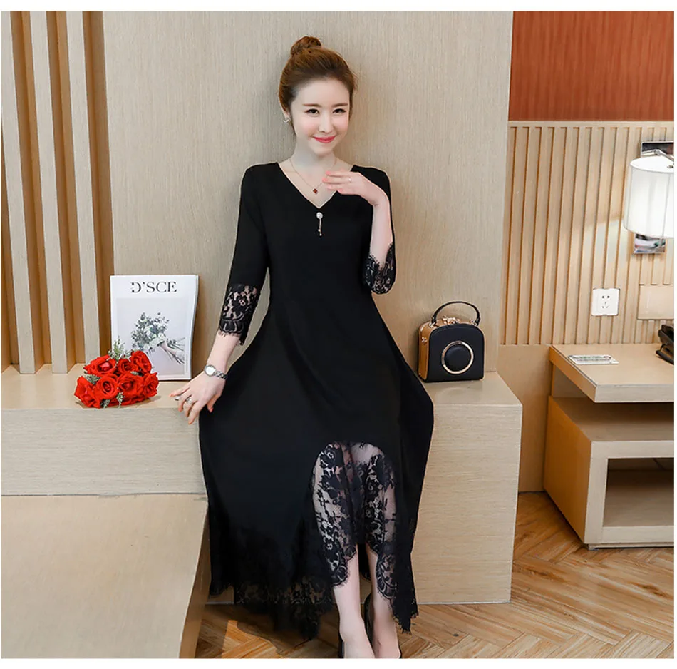 L 5xl черного цвета осенние женские элегантные размера плюс с кружевом и коротким