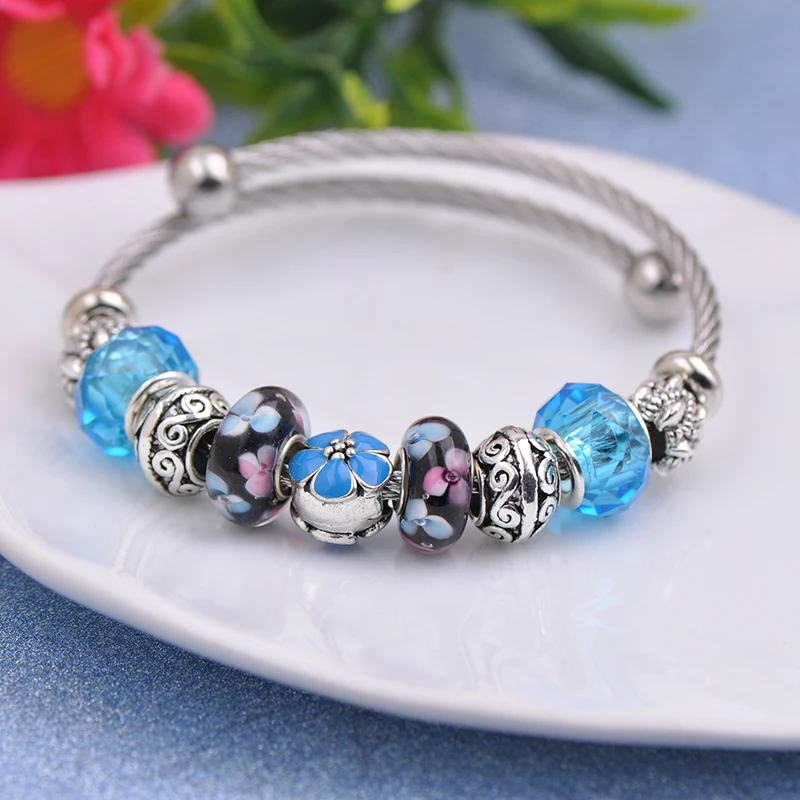 

Noename Blue Crystal Glass Romantic Fashion Silver-plated women Gift Bracelet Silver-plated Women's Fashion Jewelry 2019 Selling