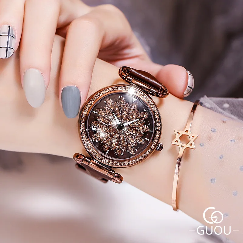 2019Women's Fashion rotating round full zircon stone flower pattern beautiful dial leather watchband quarz Watch G6020