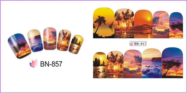 12 упак./лот переводка NAIL ART наклейки на ногти полное покрытие картина маслом закатом солнца пальма в виде кленового листа галактического неба, BN853-864