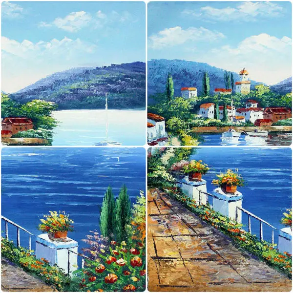

hand made oil painting on canvas romantic Mediterranean style landscape seaside town