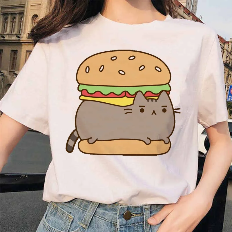Фото Футболка женская Pusheen с рисунком кота, топ в стиле Харадзюку, милая одежда Ullzang, смешная футболка в Корейском стиле 90-х №2