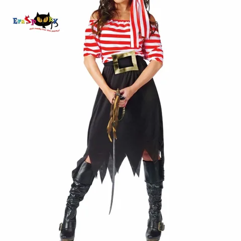 Женский костюм пирата, костюм экипажа для девочек, костюмы пирата на Хэллоуин, косплей с коротким рукавом, платье в полоску для вечевечерние, юбки для женщин