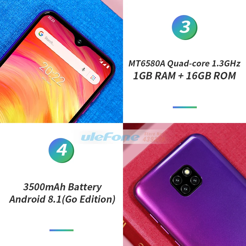 Смартфон Ulefone Note 7 6 1 дюйма Гб ОЗУ 16 ПЗУ четырехъядерный MT6580A 3500 мА/ч Face ID тройная