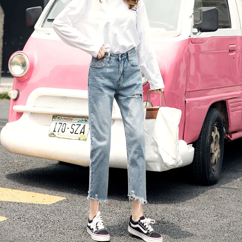 Женские джинсы с высокой талией и дырками свободные винтажные синие LDL55 новинка