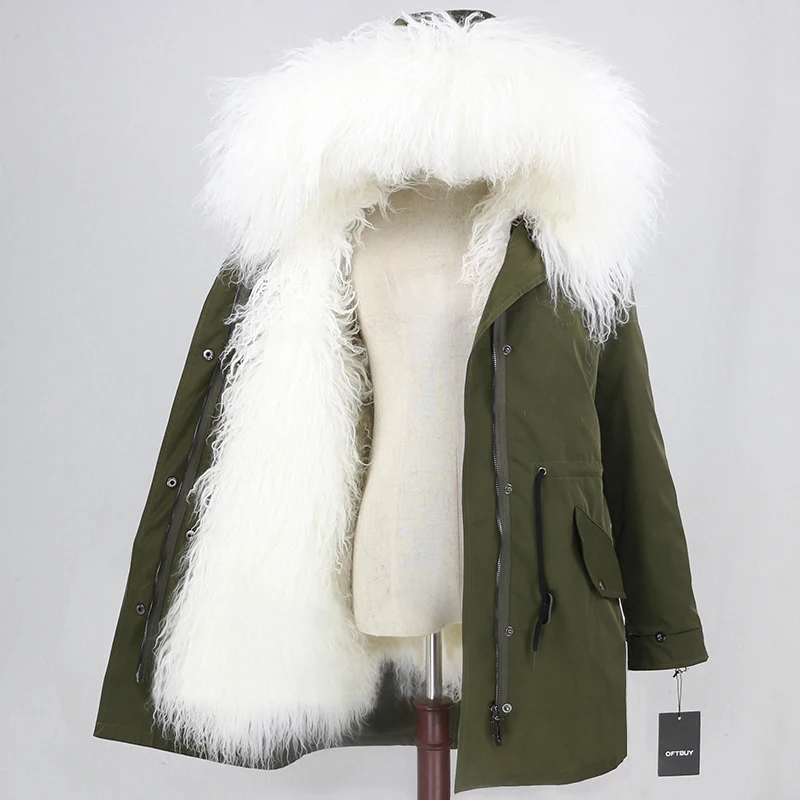 green white OFTBUY,, настоящая монгольская овечья шерсть, пальто, женская длинная парка, зимняя куртка, съемная, водонепроницаемая, верхняя одежда, роскошный бренд, уличная одежда - Цвет: green white