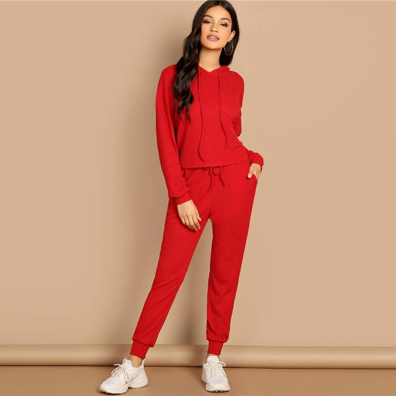 Dotfashion, красный карман, заплатка, одноцветная толстовка с капюшоном и шнуровкой на талии, брюки, набор, Женская мода, осенняя повседневная одежда из двух частей