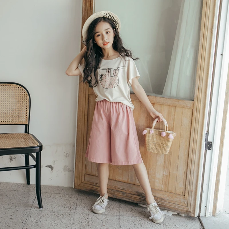 

Girl Suits Summer 2019 Children's Clothing Sets For Teen Girls Clothes Cotton Tops Cartoon T-shirts+Loose Shorts Kids Costumes