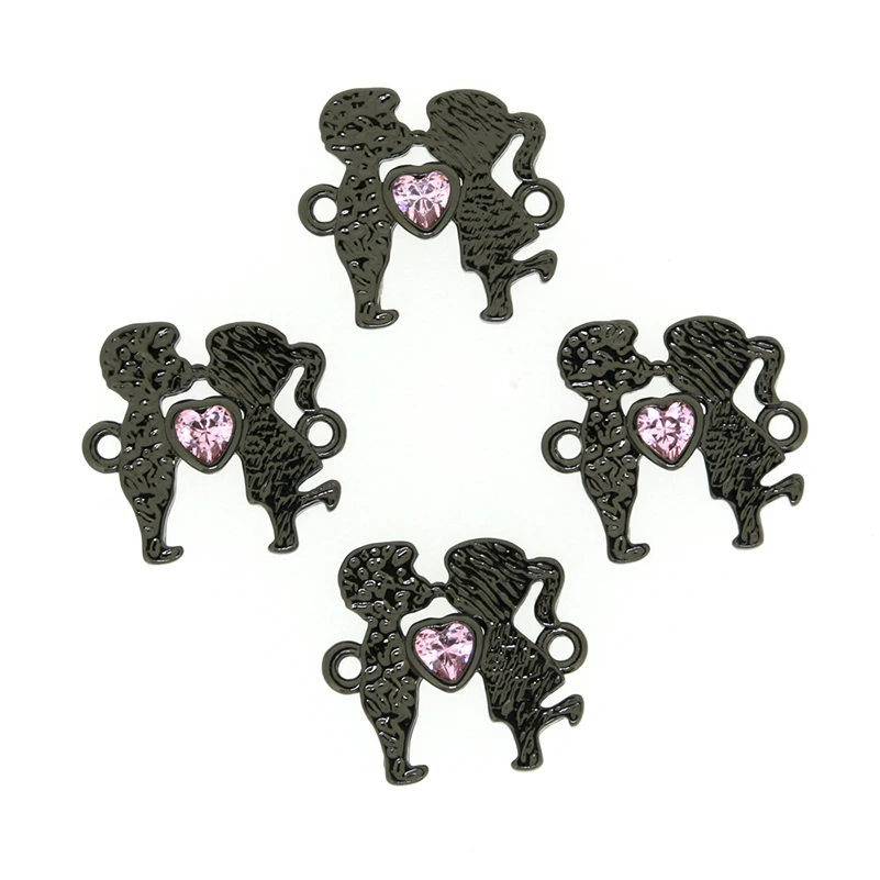 Charms 4 Metal Colors Sweet Kissing Couple Charm With Heart Shape Pink Crystal 2 Loops For Chic Diy Jewelry Making Bracelet | Украшения и