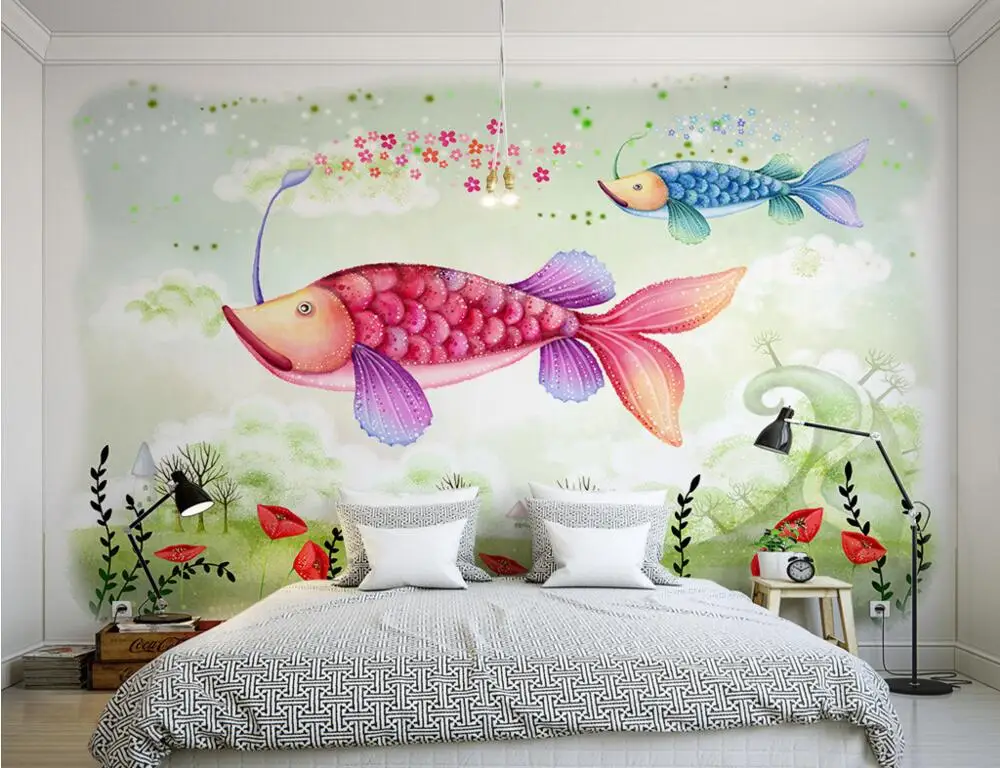 Пользовательские детские Мультяшные фрески два красивых мультяшных рыбки papel де
