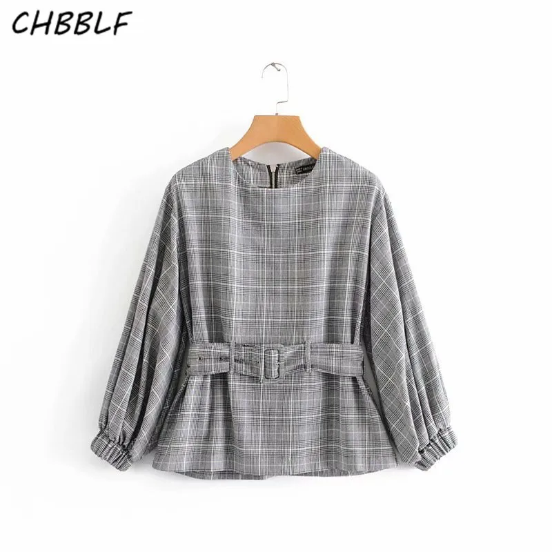 CHBBLF Женская клетчатая блузка с длинным рукавом модные рубашки поясом женские