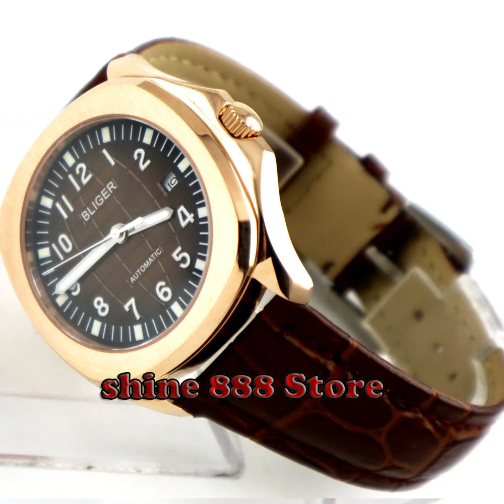 Мужские часы Bliger с коричневым циферблатом автоматические покрытием из розового