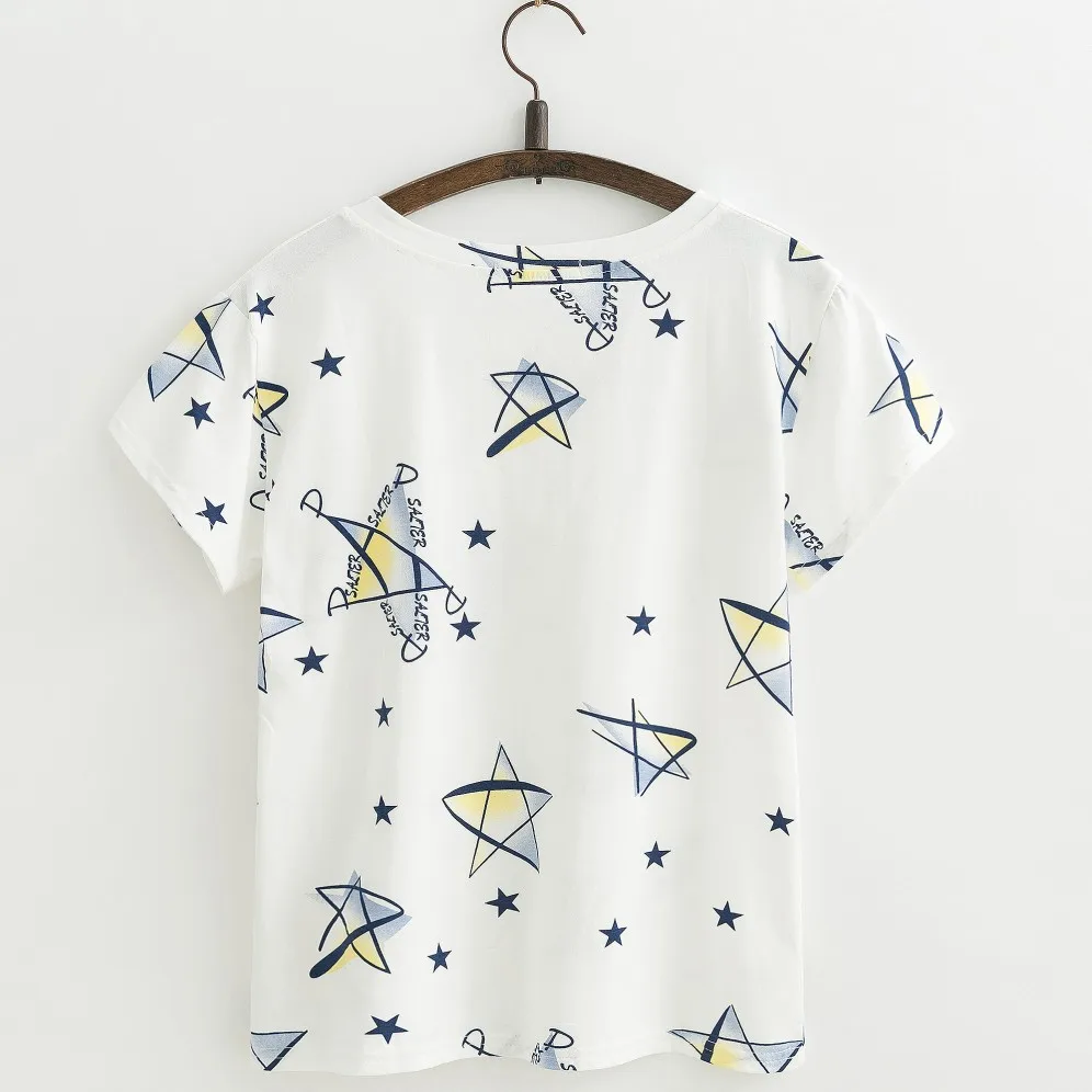 JKKUCOCO Print five-pointed star tees tops Hot Shirt Cotton T-shirt Women t shirt Short Sleeve O-neck Casual t-shirts XS-XL | Женская