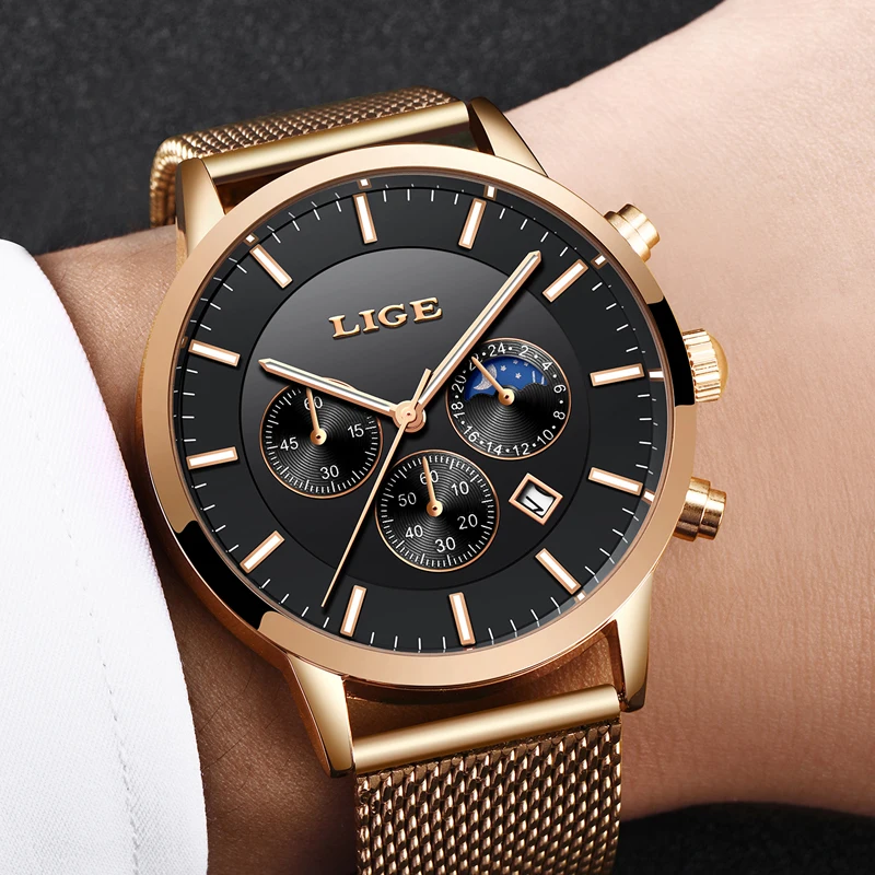 LIGE New Watch Men Casual Grid All Steel Strap Male Automatic Date Waterproof Sport Quartz Wristwatch Luxury Chronograph+Box | Наручные