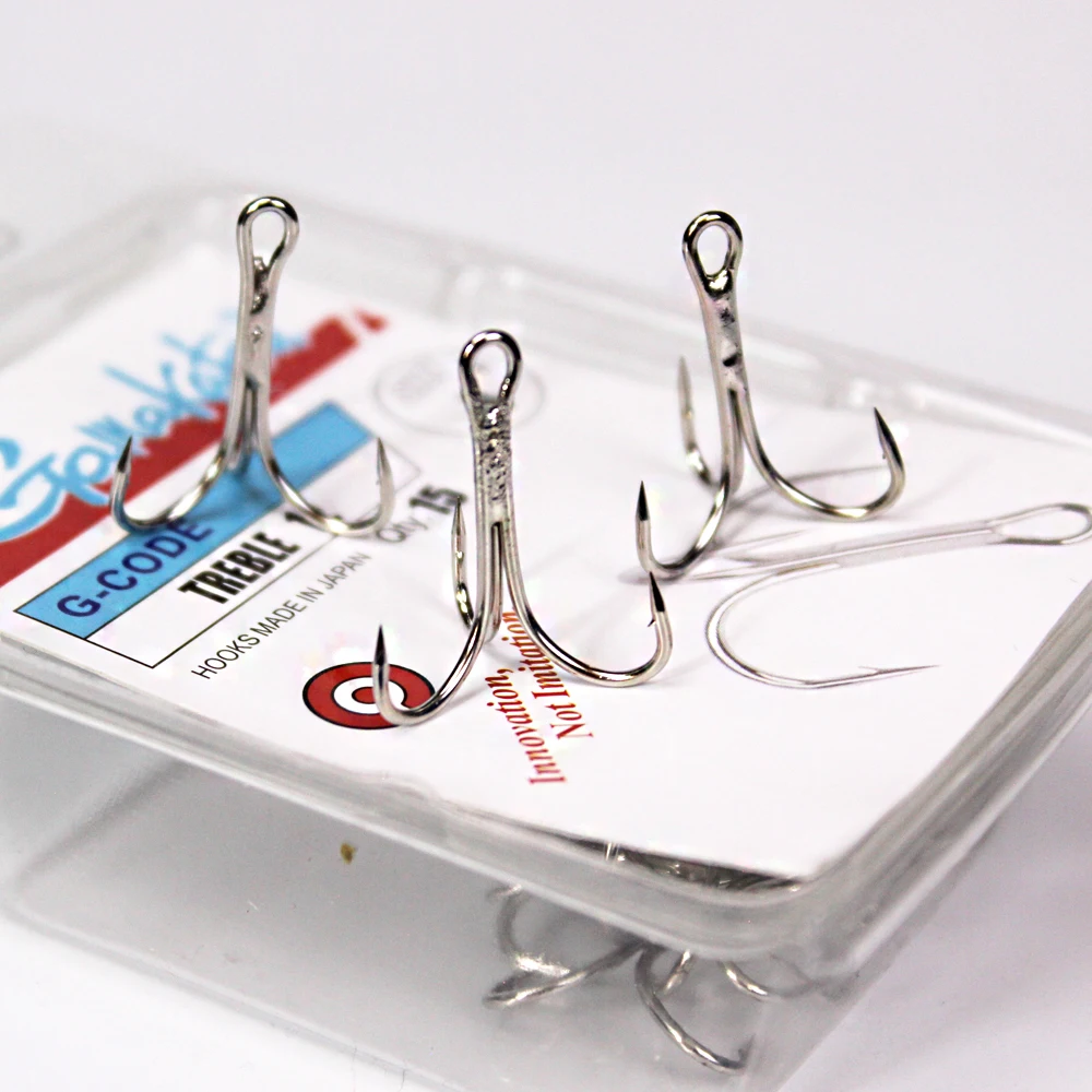 

15pcs/lots 1#-14# Carbon silver G-CODE MODEL12 Treble Hooks Material Round Folded Saltwater for Bass and carp