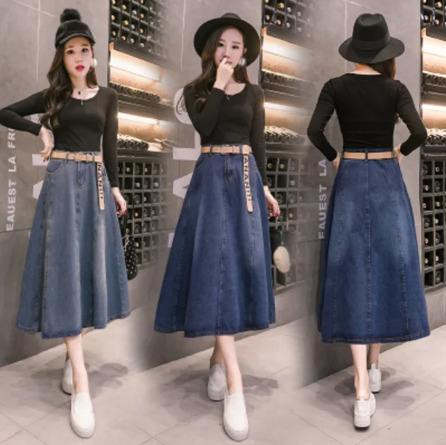 Faldas mujer moda Осенняя модная женская длинная Повседневная джинсовая юбка плюс размер Макси трапециевидная юбка винтажная Джинсовая юбка миди