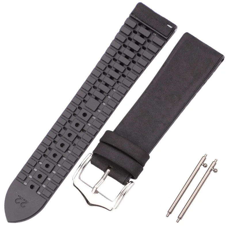 Smooth Black HENGRC воловья кожа и силиконовый ремешок Браслет 18 20 22 мм для мужчин и женщин водонепроницаемые дышащие Ремешки для наручных часов часы аксессуары - Цвет ремешка: Smooth Black