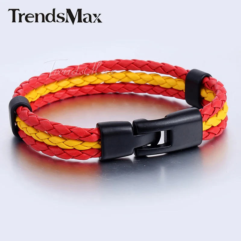 Spain Black Clasp Trendsmax Национальный флаг Италии ES DE RU кожаный браслет для мужчин и женщин веревка ручной работы плетеный браслет ювелирные изделия LB141 - Окраска металла: Spain Black Clasp
