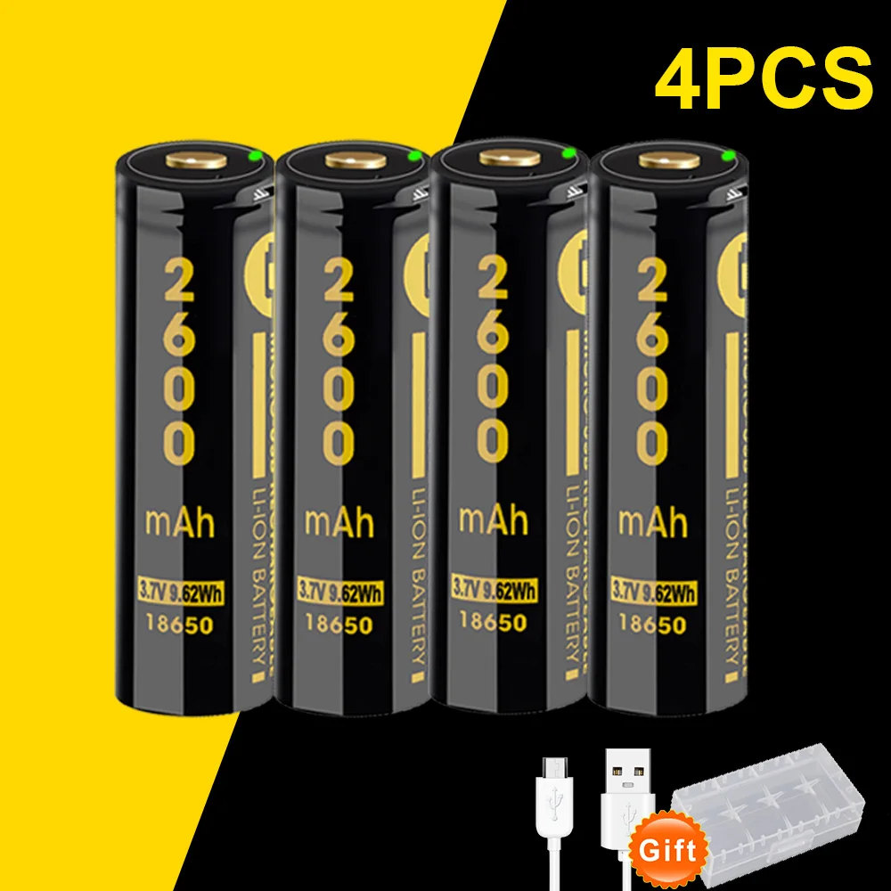 18650 USB литий-ионная аккумуляторная батарея 3,7 V 2600mAh литиевая для фонарика факела мобильного банка питания - Цвет: 4pcs