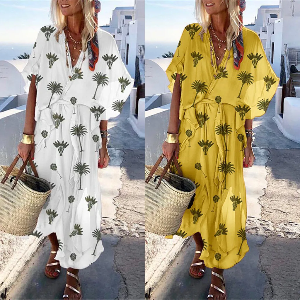 Vestidos плюс размер Летний Пляжный сарафан женское Бохо длинное платье свободное с коротким рукавом кокосовое печатное Длинное Макси-платье рубашка
