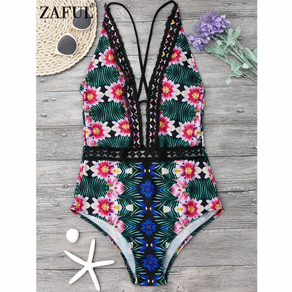 ZAFUL 2019 женский новый кружевной Цветочный Цельный купальник со средней талией на
