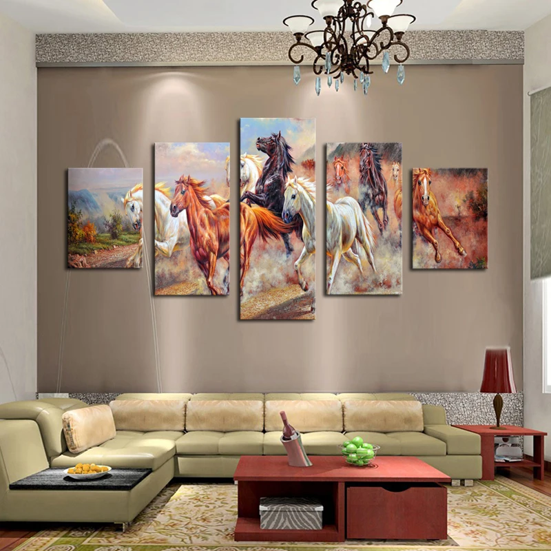 

Animal Horse Poster Decoracion 5 Panels Canvas Print Painting Modern Running Wall Art for Decor Home Decoration Artwork