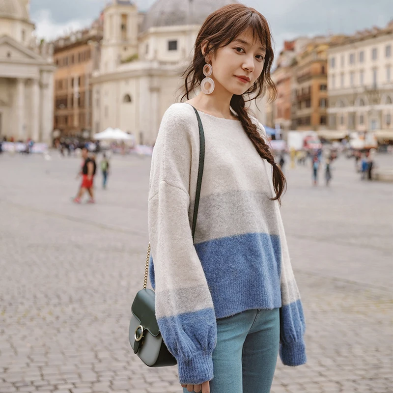 INMAN Spring Autumn Round Collar Stripped Loose Style Lantern Sleeve Women Patchwork Pullover Sweater | Женская одежда