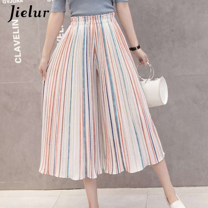 Orange Striped Jielur модные плиссированные шифоновые брюки женские летнее в горошек Цветочные полосатые широкие брюки женские свободные Женские панталоны - Цвет: Orange Striped