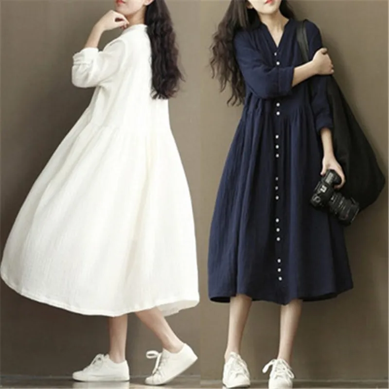 Платье женское с длинным рукавом в полоску большого размера из льна и хлопка|clothing