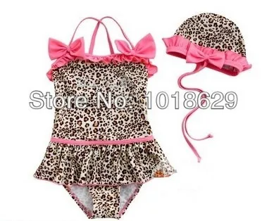 Free shipping 2013 new Leopard swimsuit girls with hat top sell swim wear One-Piece |