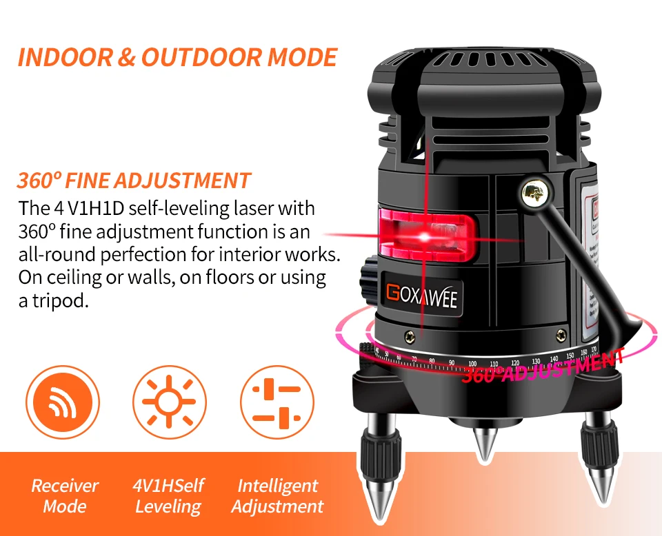 GOXAWEE 5 lines 6 points 360 Degrees 3D Rotary LD 635nm Auto Line Laser Level Vertical&ampHorizontal Tilt & Outdoor Mode | Инструменты