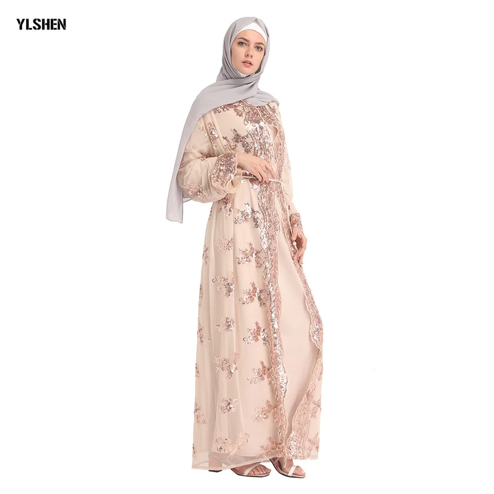 Женское мусульманское платье кардиган Abaya белое кружевное с вышивкой и блестками