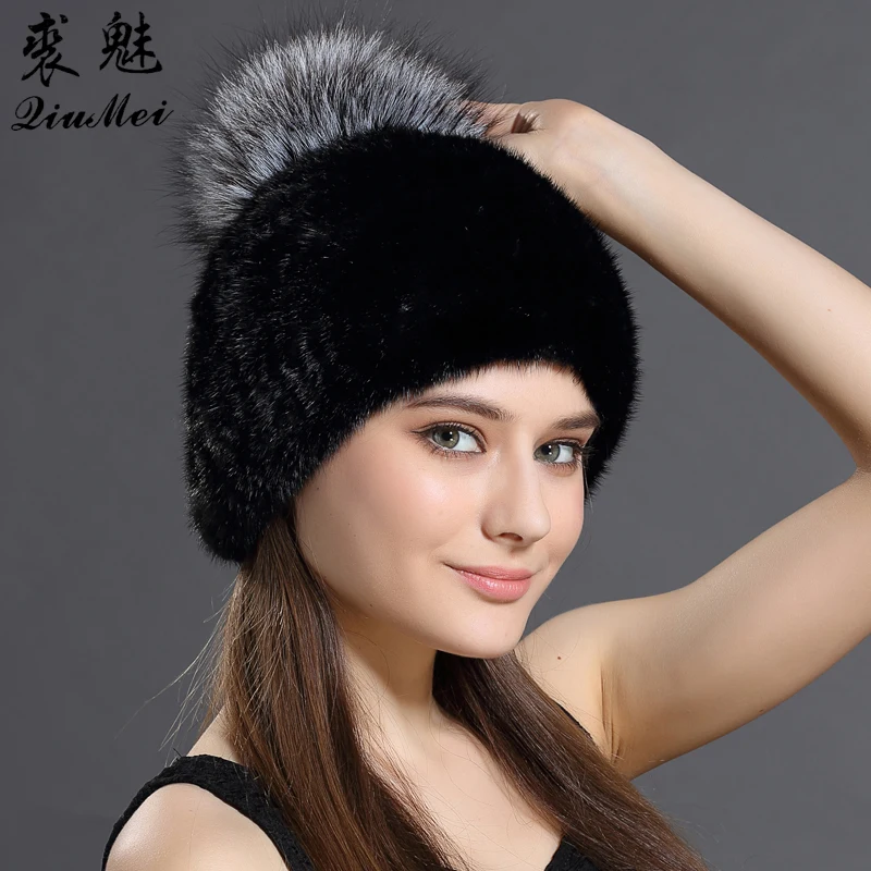 Женская шапка зимние шапки из натурального меха норки женские с помпоном