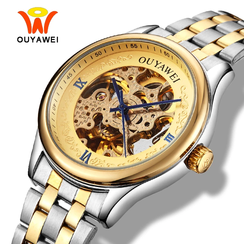 

Мужские автоматические часы Ouyawei с золотым скелетом, роскошные золотистые Серебристые Металлические Механические Прозрачные наручные час...