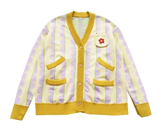 

Women Winter Thick Knit Cardigan Purple Yellow Spell Color Lace V Neck Long Sleeve Sweater