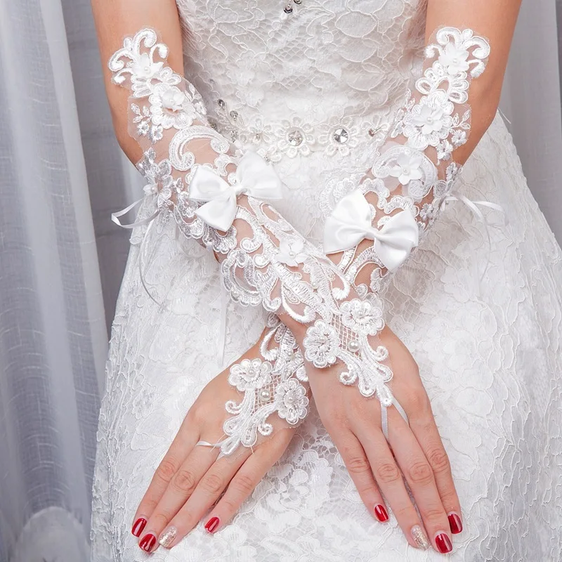 JaneVini белые длинные свадебные перчатки без пальцев с жемчужным бантом женские свадебные кружевные перчатки длиной до локтя Свадебные перча... от AliExpress WW