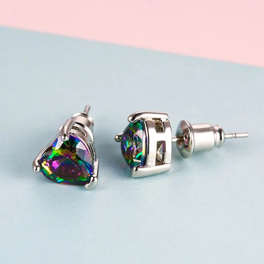 Серьги гвоздики в форме сердца синие розовые Разноцветные кристаллы опаловые