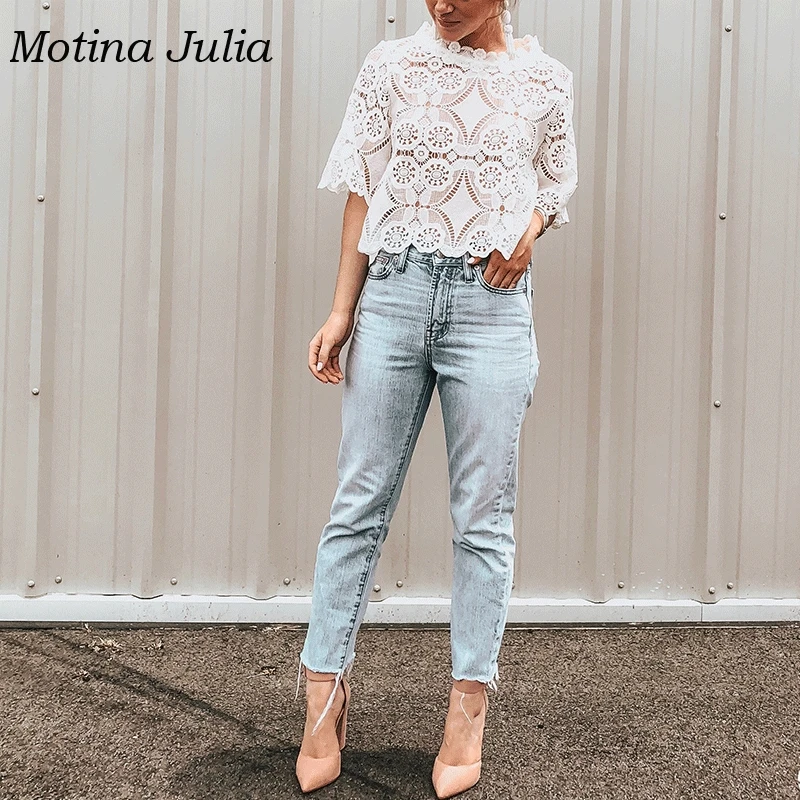 Motina Julia летние белые кружевные блузы рубашки Топы женские 2019 прозрачные вязаные