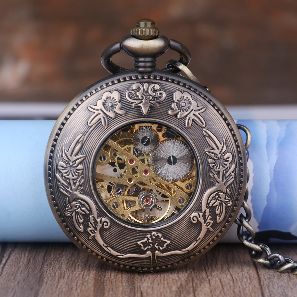 Vintage Roman Number Hand-Winding Watch creative carving flower Mechanical Pocket Watch chains pendant gifts