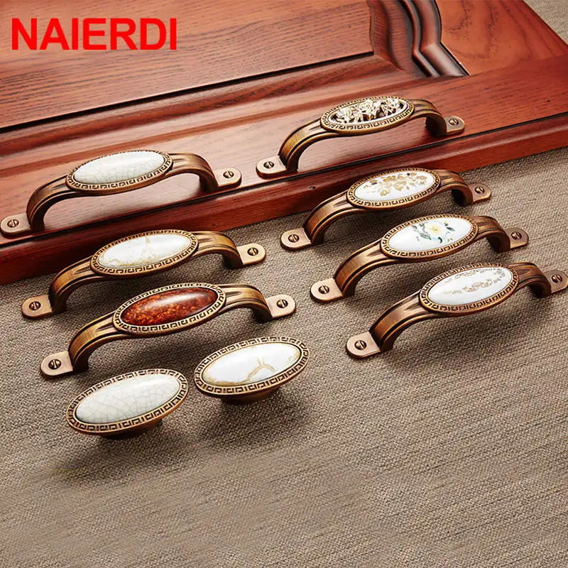 

NAIERDI Vintage Ceramic Gold Cabinet Handles Drawer Knobs Zinc Alloy Wardrobe Door Handles Pulls European Furniture Handle