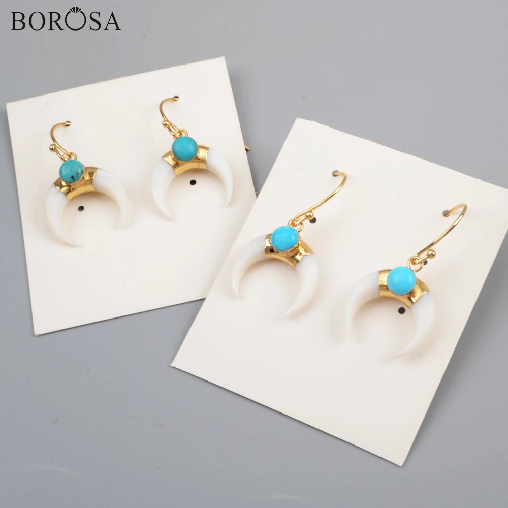 BOROSA 5 пар Золотой Гальванизированный белый корпус& Круглый натуральная бирюза серьги рога Howlites оболочки свисающие женские серьги G1835