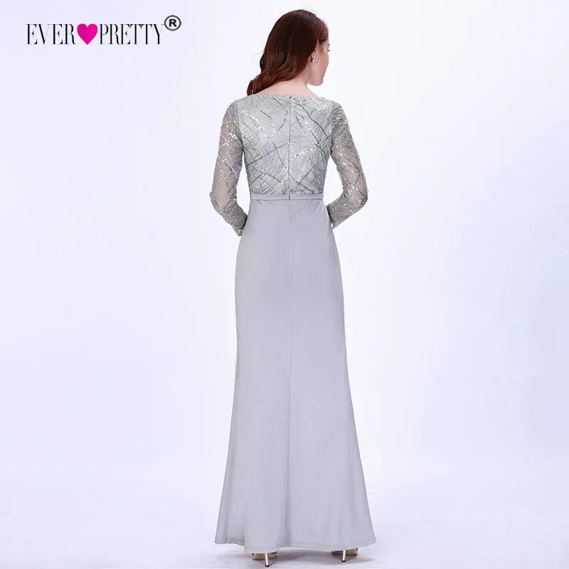 Вечерние платья Длинные Ever Pretty EZ07698 элегантные серые с длинным рукавом кружевной Атлас Русалка зимние блестящие вечерние платья