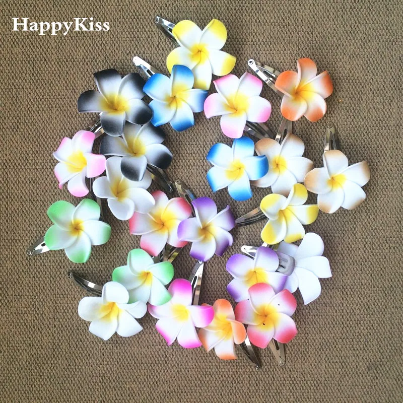 

HappyKiss 50 mixed color Foam Hawaiian Plumeria flower Frangipani Flower bridal hair clip wedding girl BBclip 11colors