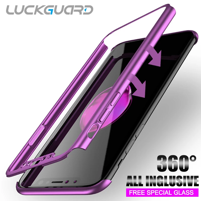 LuckGuard Full Cover Cases For iPhone 6 6s 7 8 Plus 5 5S SE X Shockproof s 360 Degree Case With Glass |