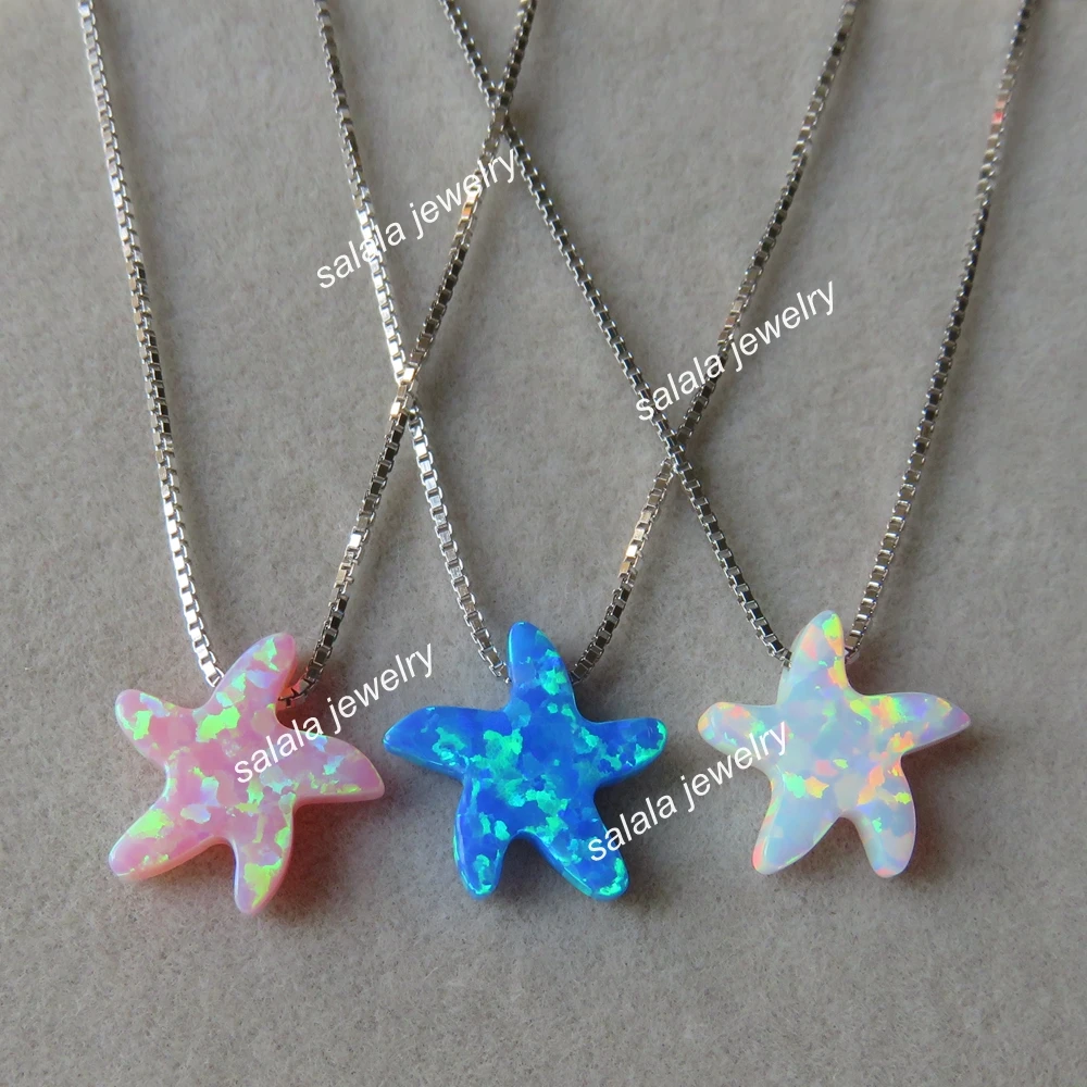 

30pcs/lot Mix Colors 11x12mm Starfish Opal Necklace 925 Sterling Silver Seastar Opal Necklace Beach Opal Necklace for Gift
