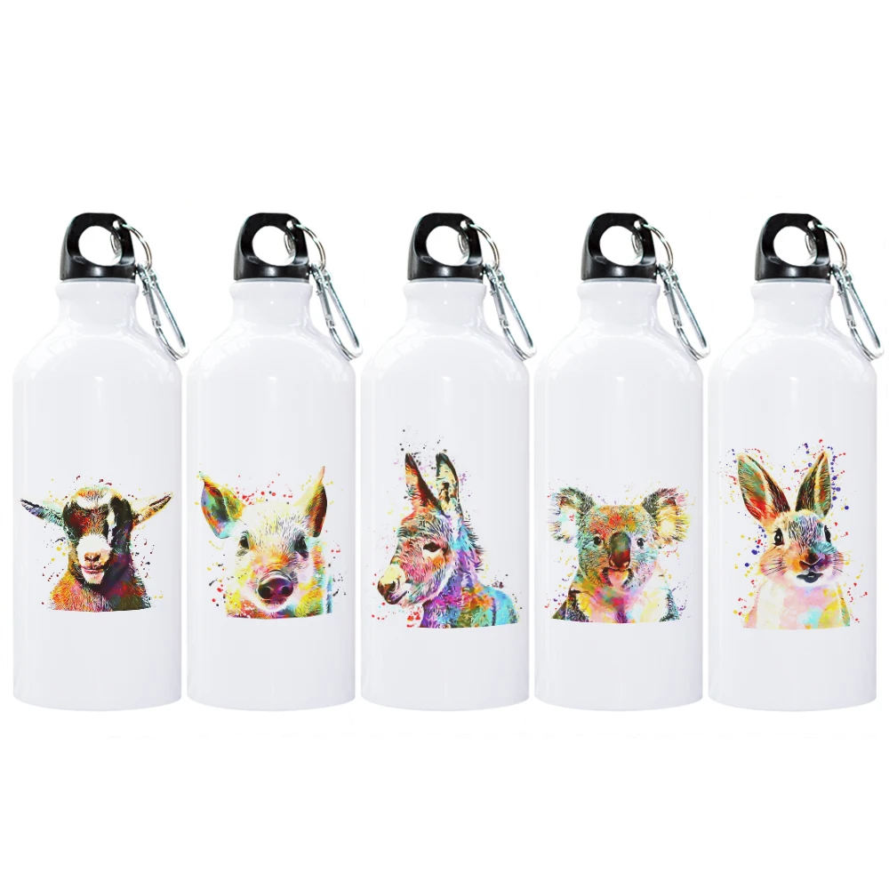 Watercolor Wild Animals Theme Cute Water Bottle with Carabiner 600ml Sport Aluminium for Biking Camping Climbing Hiking | Дом и сад