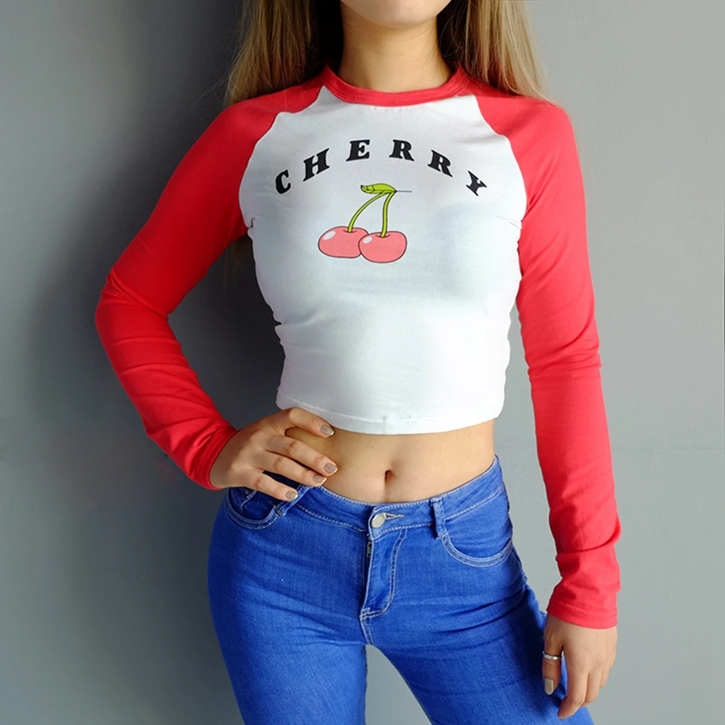2018 Милая стильная футболка с принтом вишни женская новая весенняя облегающая